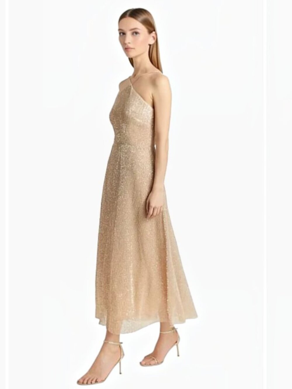 Gold Sequin Halter Midi Dress Size 12 Formal Wedding Guest Evening Gown - Picture 2 of 15